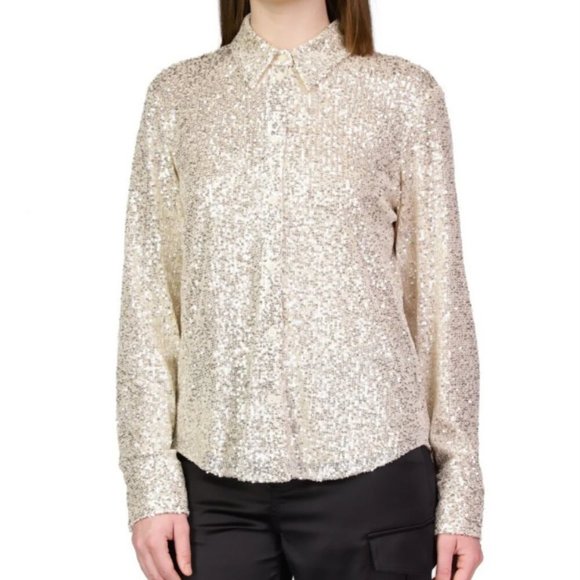 SANCTUARY Radiant Champagne Sequin Button Down Collared Long Sleeve Top NWT - XS - Picture 3 of 8